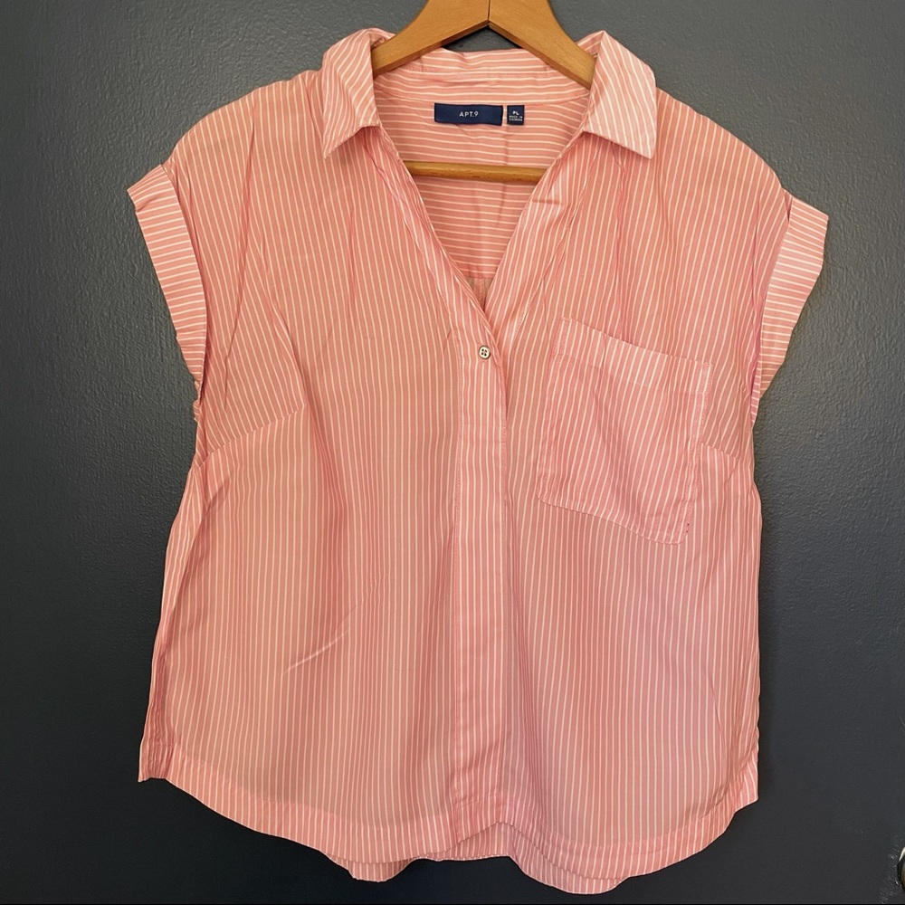 Pink and White Striped Collared Blouse with Pocket